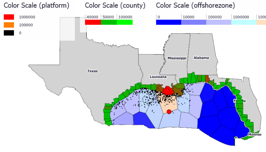 Ventity geospatial visualization of economic impacts of an oil spill in the Gulf of Mexico